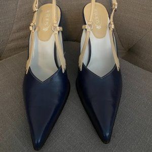 TOD'S Navy and Ivory Pointed Toe Sling Backs